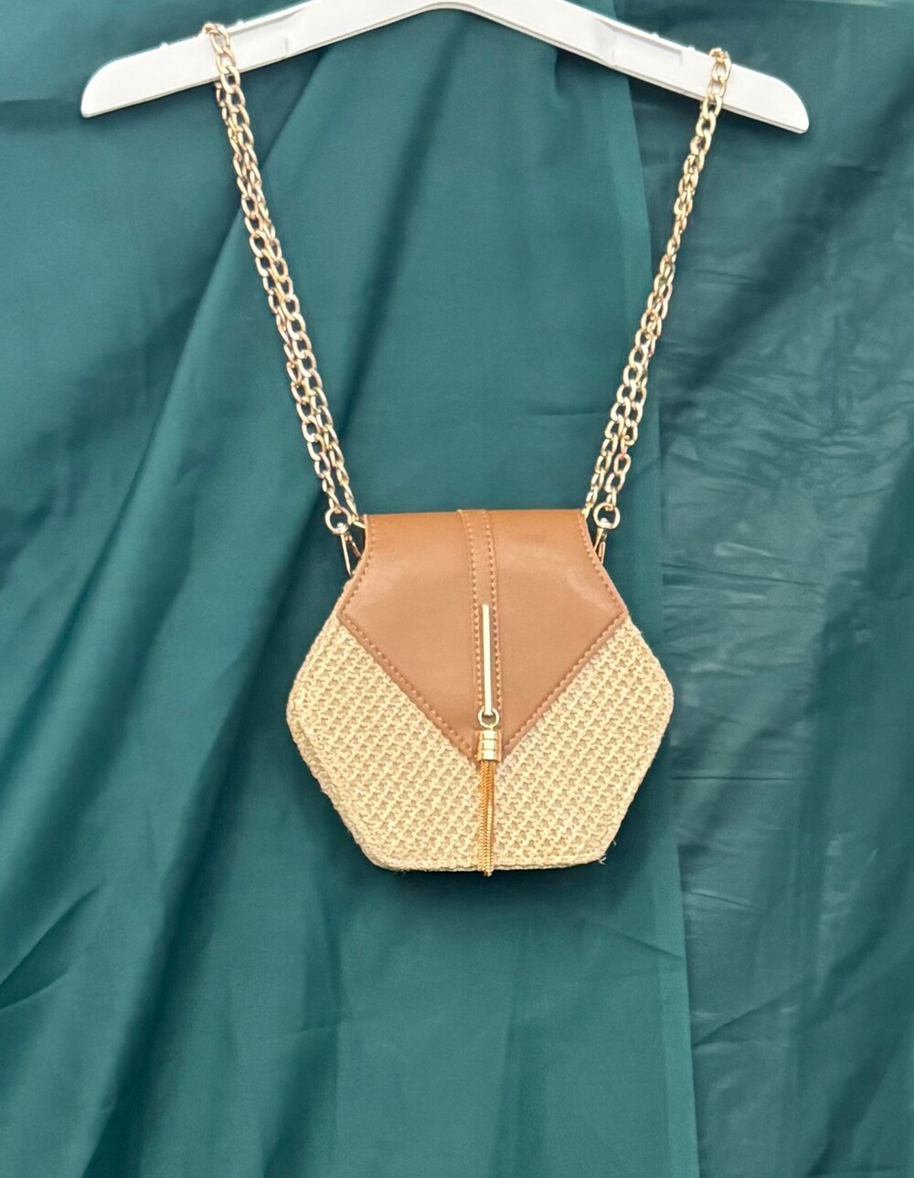 Brown Woven Crossbody Bag with Chain Strap Faux Leather Flap